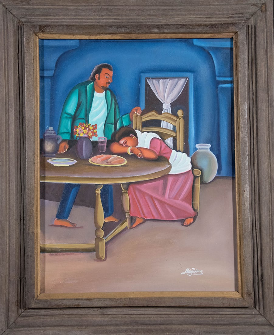 Sleeping at the Table Original Haitian Painting by Alain Jerome: Sleeping at the Table Original Haitian Painting by Alain Jerome Oil on Canvas