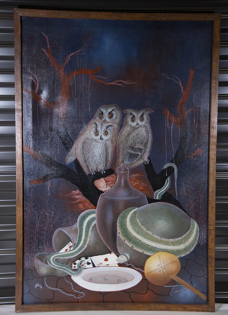 Three Owls and a Card Game Original Haitian Painting by M. Blaise (1 of 1)