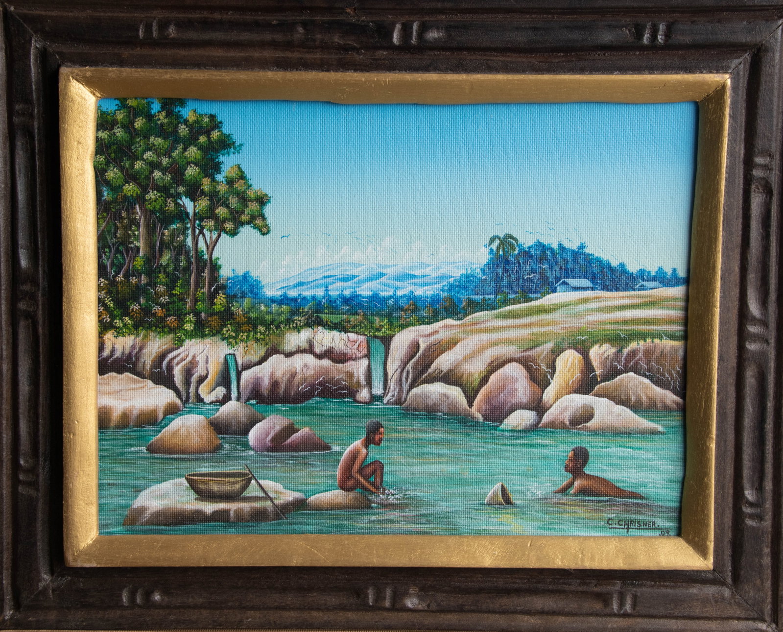 Swimming in the River Original Haitian Painting by C. Chrisner (1 of 1)