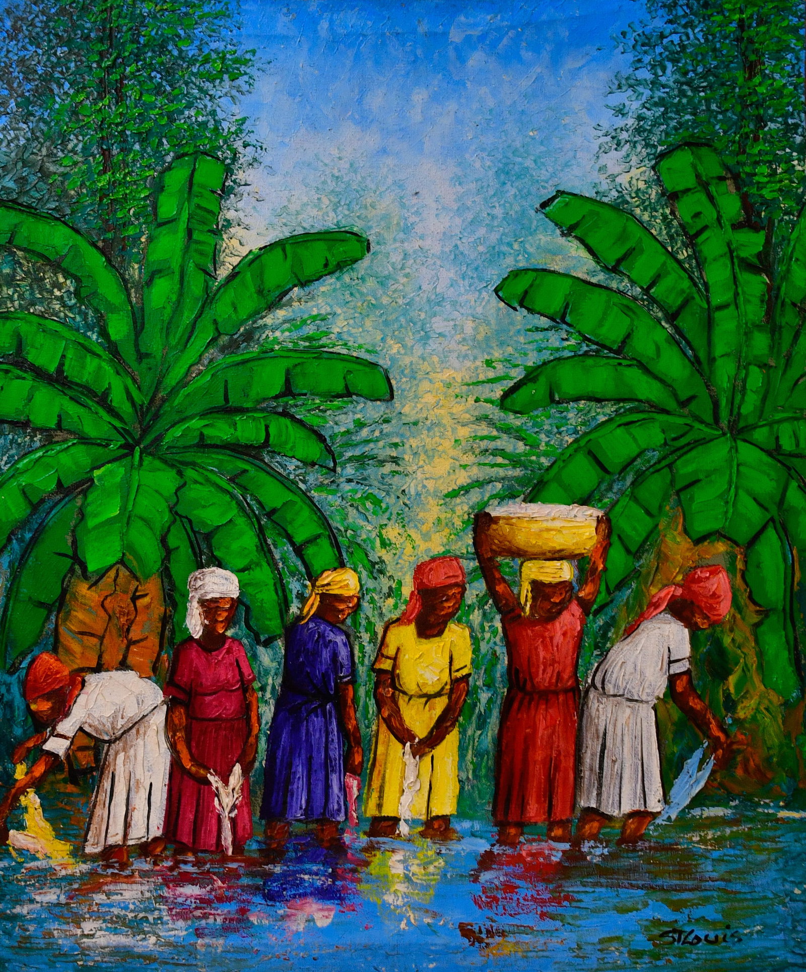 Haitian River Scene Original Haitian Painting by St.Louis: Haitian River Scene Original Haitian Painting by St.Louis Oil on Canvas Framed
