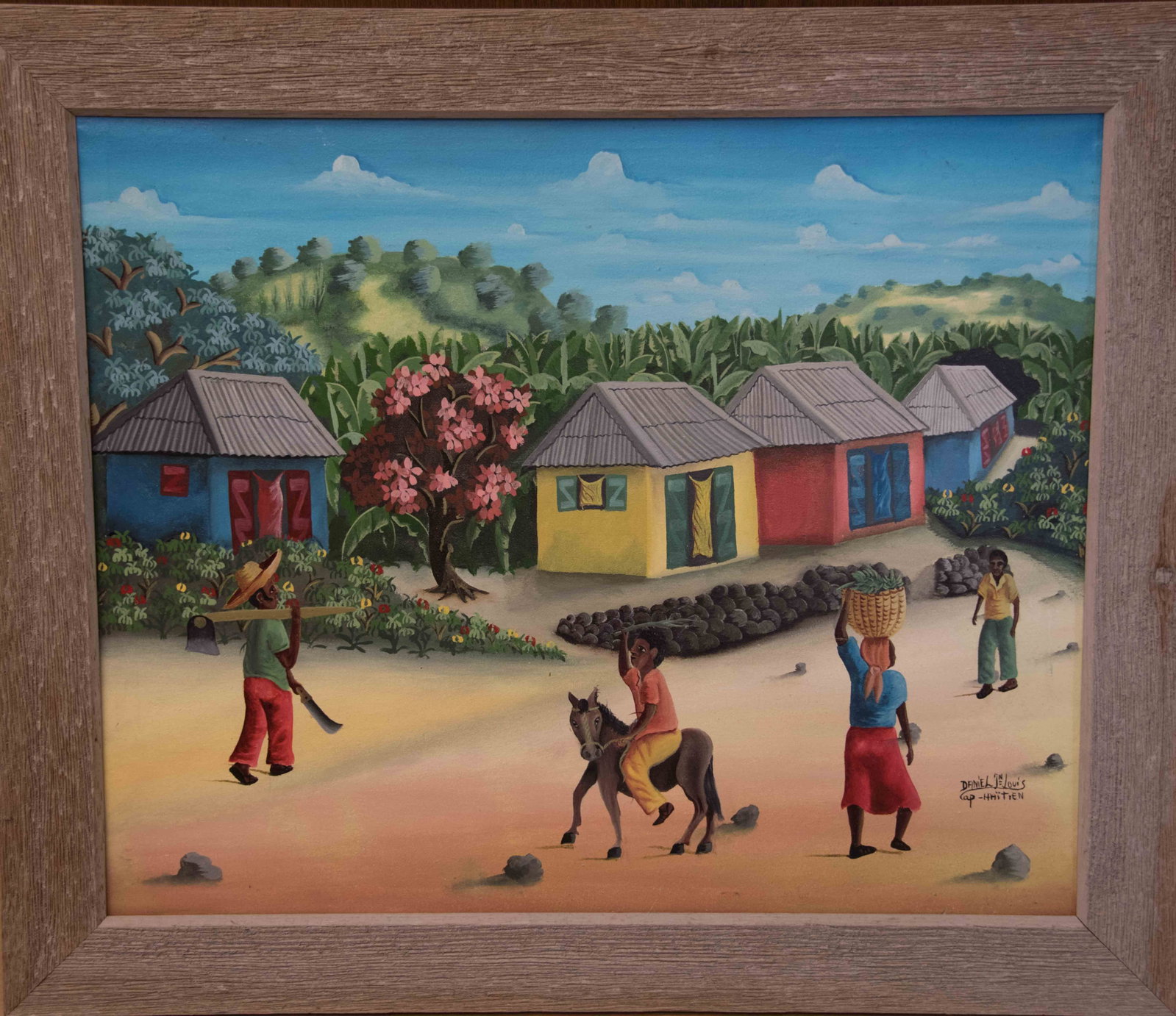 Woman on Horse in Village Original Haitian Painting by Daniel Jn.Louis: Woman on Horse in Village Original Haitian Painting by Daniel Jn.Louis FRAMED