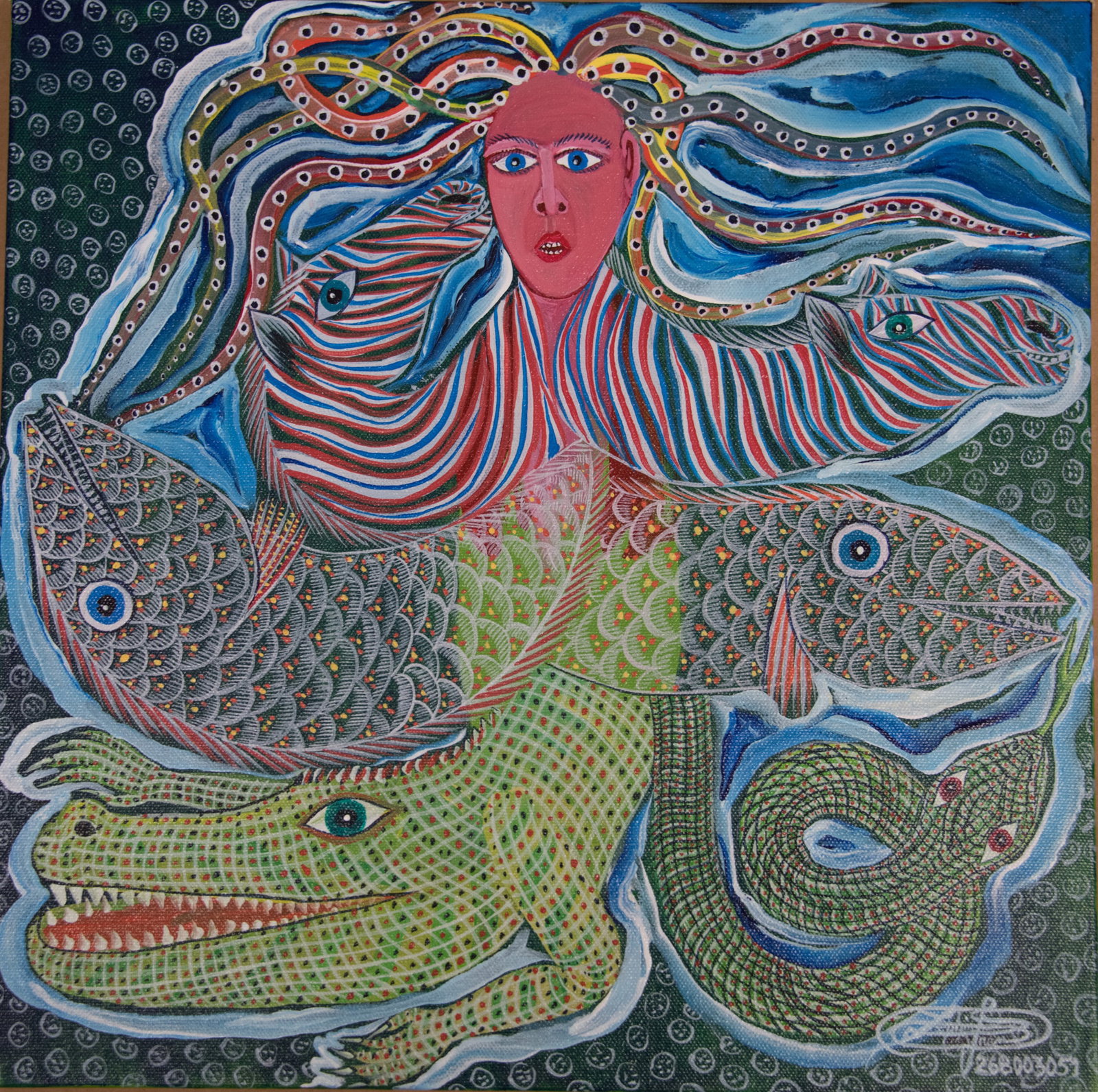 Medusa With Creatures - Haitian Painting by Frantz Zephirin: Medusa With Creatures - Haitian Painting by Frantz Zephirin No Frame, Stretched, Acrylic on Canvas GMS FAVORITE