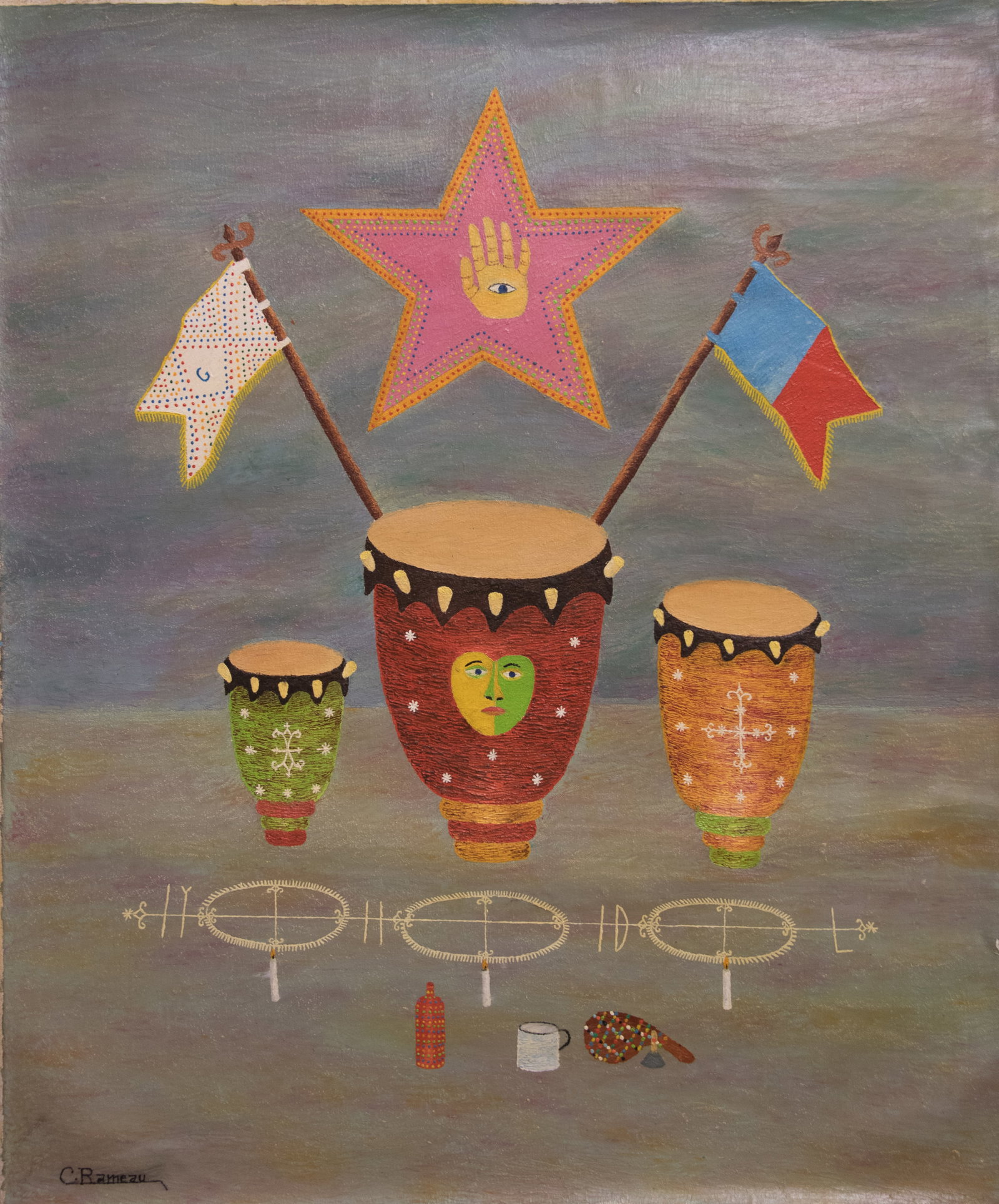 Drums Original Haitian Painting by Rameau Cameau: Drums Original Haitian Painting by Rameau Cameau Acrylic on Canvas Not Stretched Not Framed