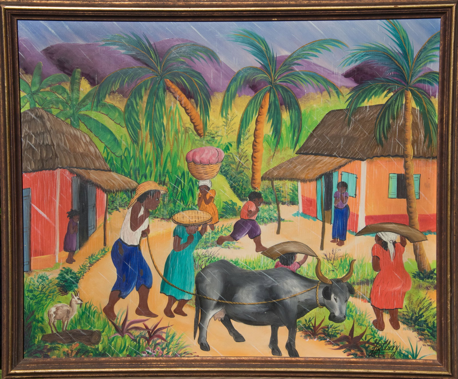 Villagers and Animals Original Haitian Painting by JeanRene Chery: Villagers and Animals Original Haitian Painting by JeanRene Chery Oil on Board FRAMED