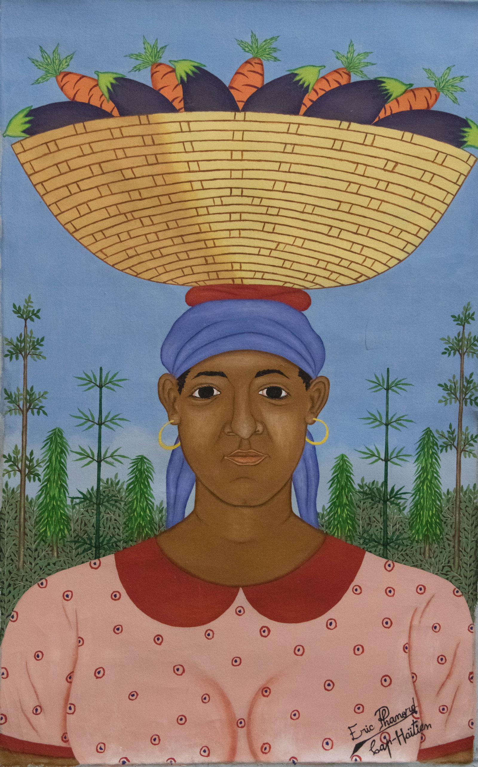 Lady in the Pink Dress with a Blue Head Scarf Original Haitian Painting by Eric Phanord: Lady in the Pink Dress with a Blue Head Scarf Original Haitian Painting by Eric Phanord Oil on Canvas Not Stretched Not Framed