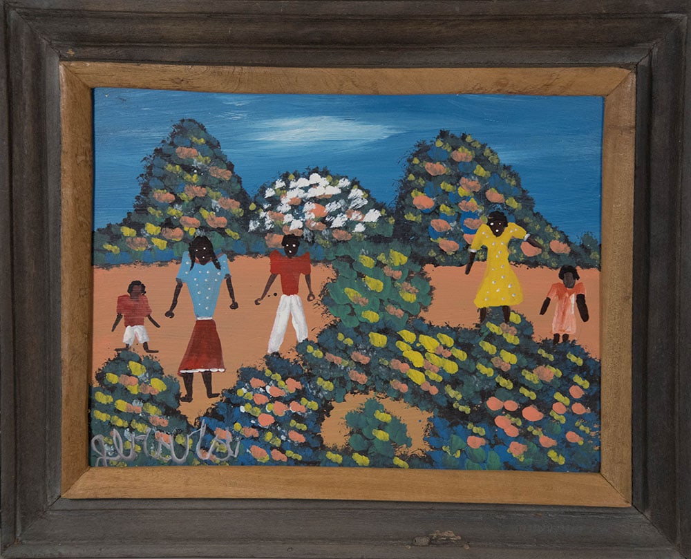 People With Flowering Bushes Original Haitian Painting by Gerard Fortune: People With Flowering Bushes Original Haitian Painting by Gerard Fortune Oil on Canvas