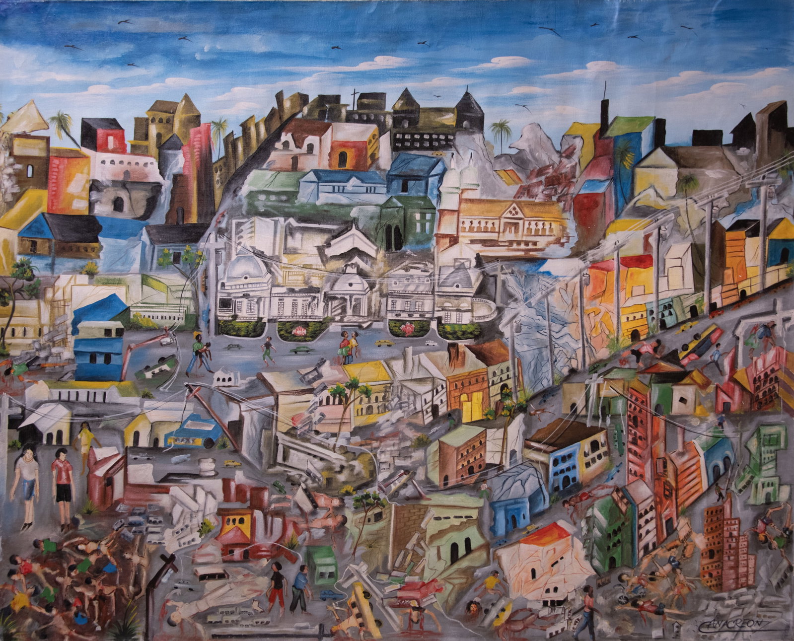 Orignial Haitian Painting by Anacreon Earthquake: Orignial Haitian Painting by Anacreon Earthquake Acrylic on Canvas No Frame Not Stretched