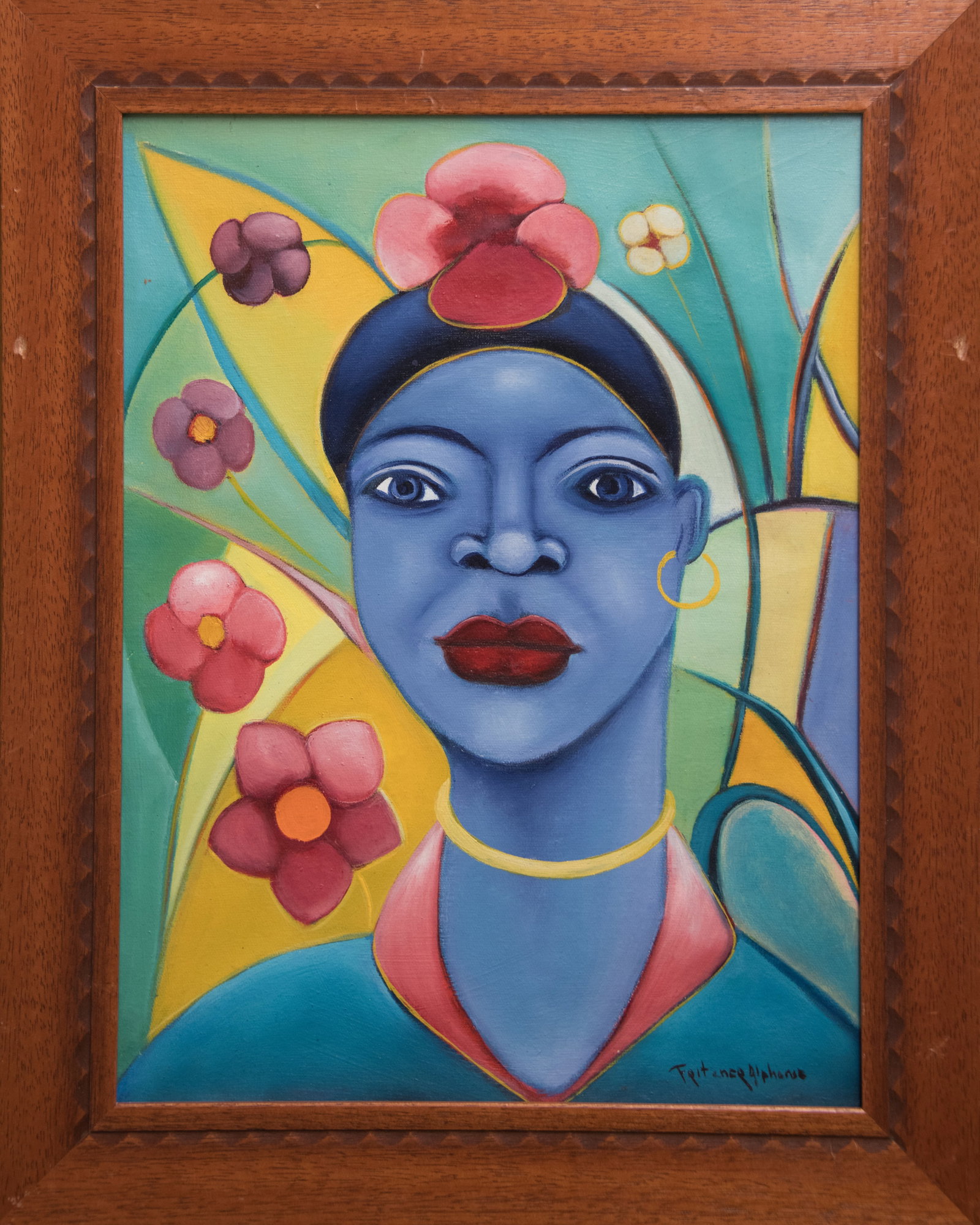 Original Haitian Painting -Blue Woman by Fritzner Alphonse: Original Haitian Painting -Blue Woman by Fritzner Alphonse-Framed, Oil on Canvas FRAMED