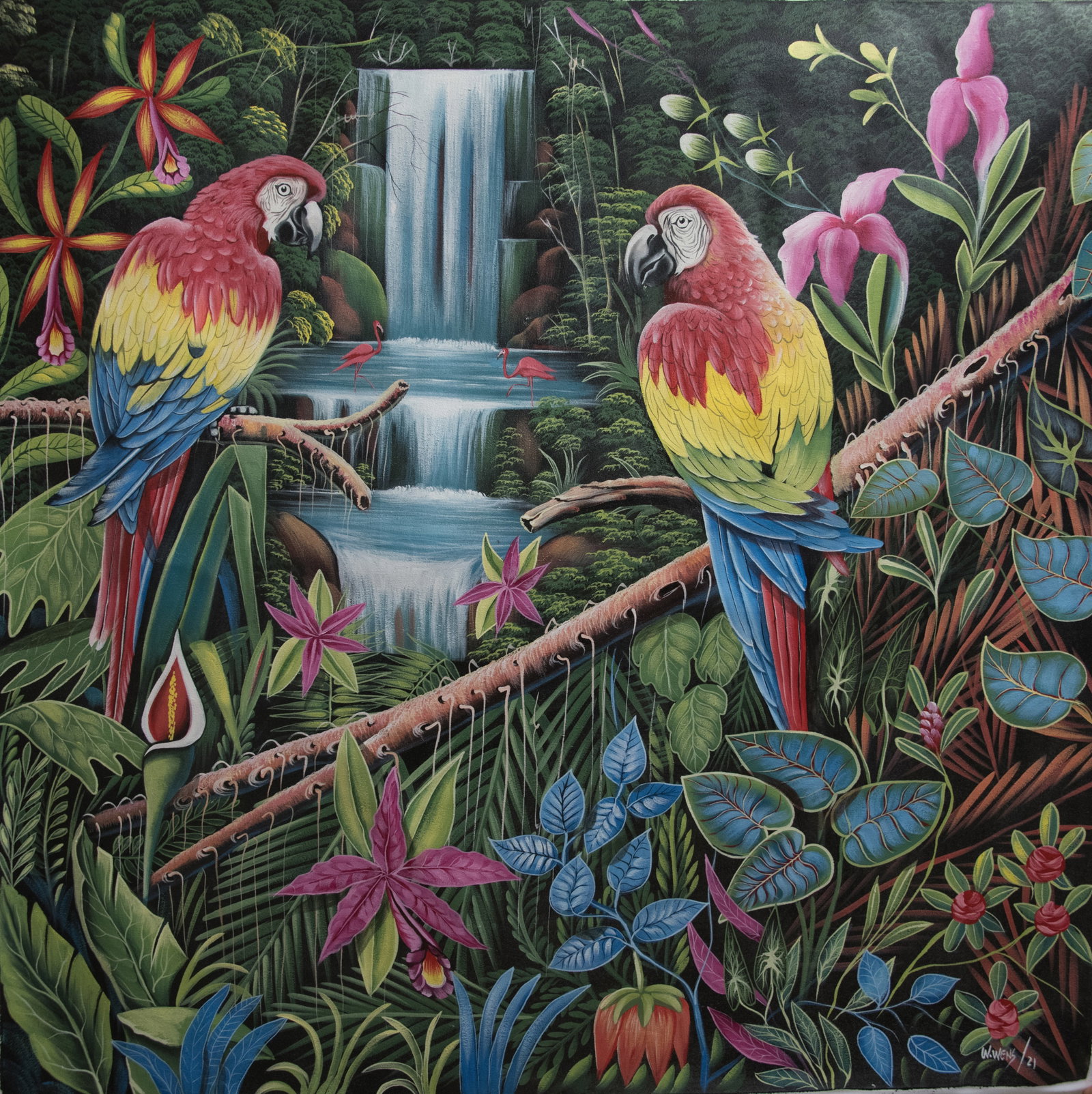 Orignial Haitian Painting by Wawens Varis Parrots: Orignial Haitian Painting by Wawens Varis Parrots Acrylic on Canvas No Frame Not Stretched