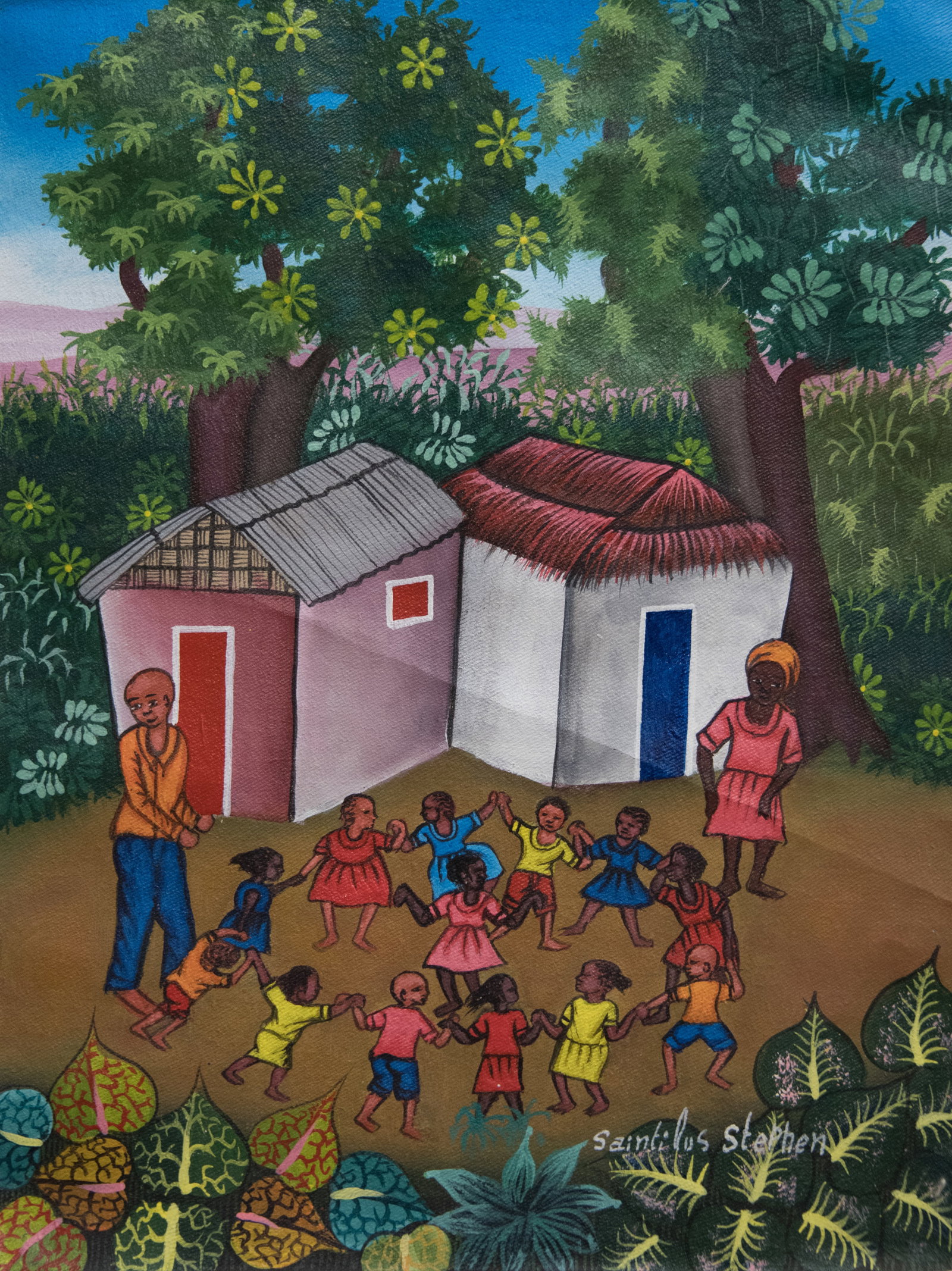 School Children Playing Original Haitian Painting by Stephen Saintilus: School Children Playing Original Haitian Painting by Stephen Saintilus Acrylic on Canvas Not Stretched Not Framed