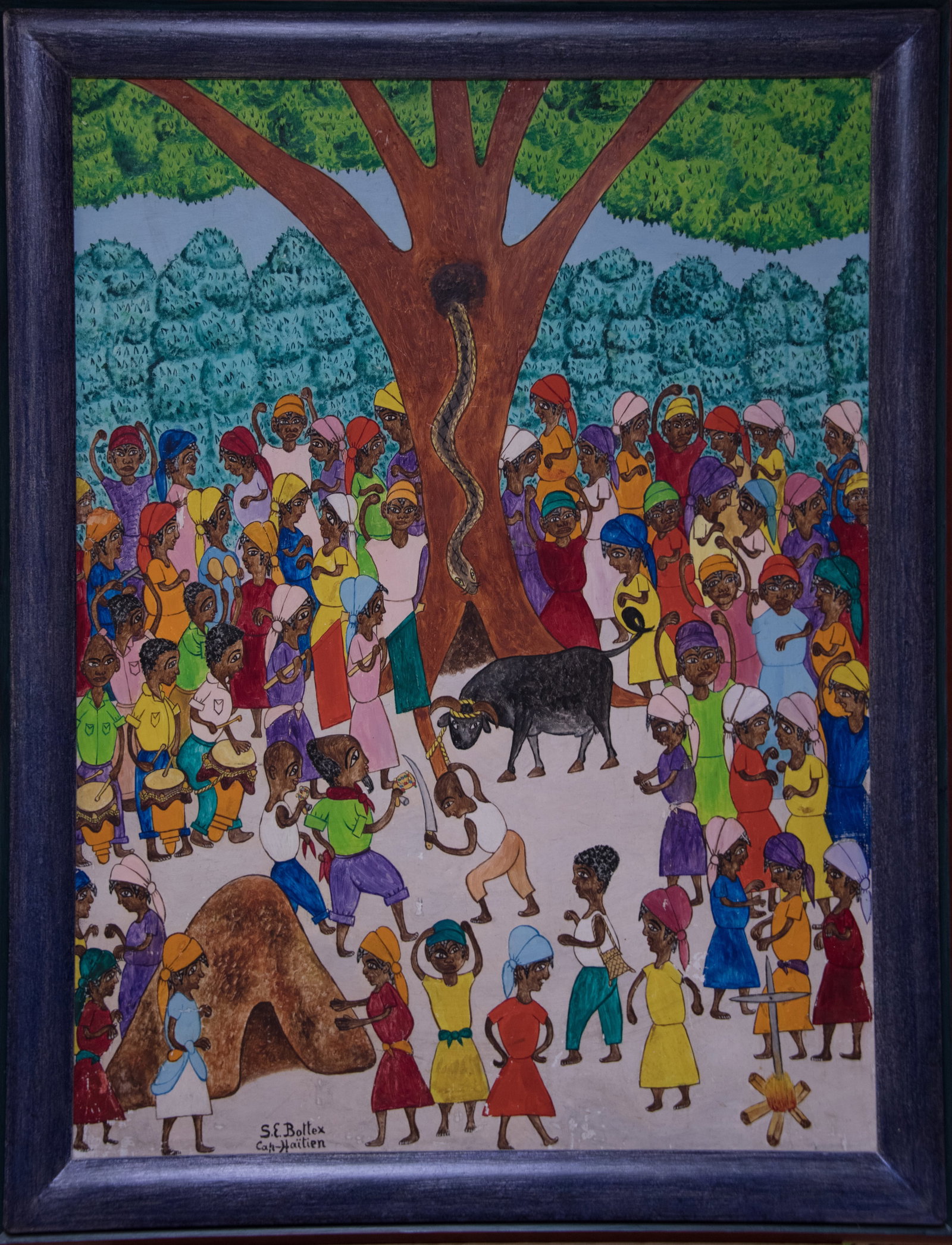 Original Haitian Painting -Snake Emerging from Tree of Life by Seymour Etienne Bottex: Original Haitian Painting -Snake Emerging from Tree of Life by Seymour Etienne Bottex-Framed, Oil on Canvas FRAMED GMS FAVORITE