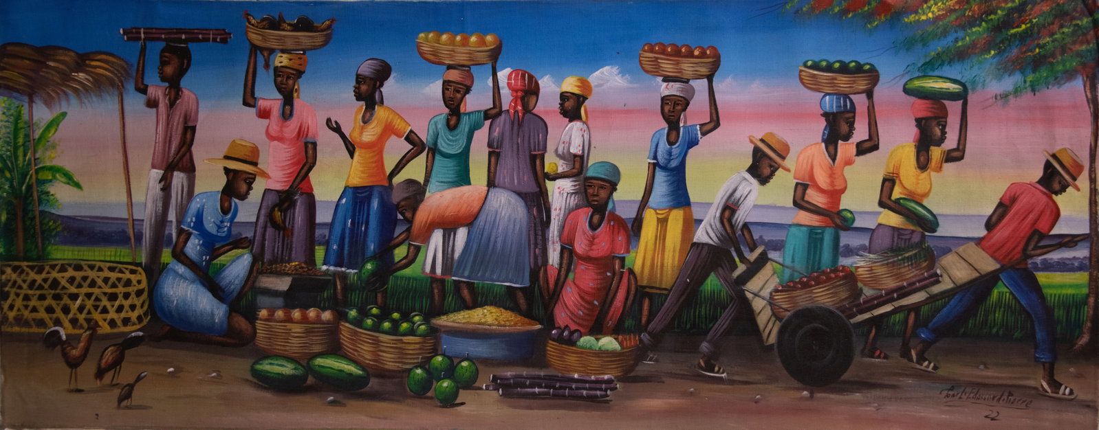 Orignial Haitian Painting by Carlo Edouardo Pierre Market Scene: Orignial Haitian Painting by Carlo Edouardo Pierre Market Scene Oil on Canvas No Frame Not Stretched