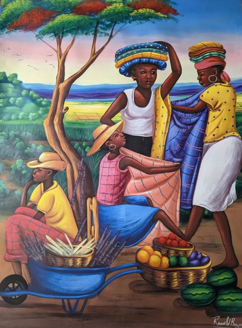 Market Scene Original Haitian Painting by Ronald Boyer: Market Scene Original Haitian Painting by Ronald Boyer Acrylic on Canvas