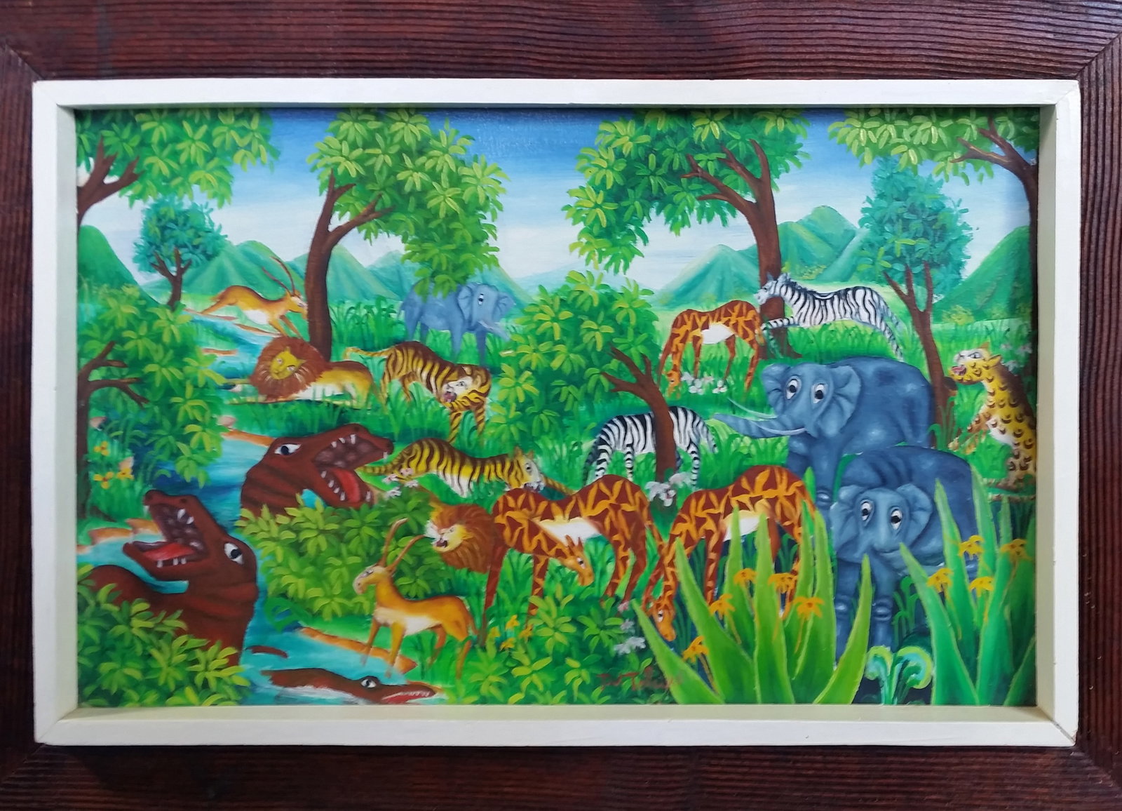 Josephal Telcine Original Haitian Painting Jungle Animals: Josephal Telcine Original Haitian Painting Jungle Animals FRAMED GMS FAVORITE