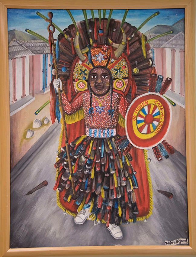 Original Haitian Painting -Indian/Carnival by Wilson Bigaud: Original Haitian Painting -Indian/Carnival by Wilson Bigaud--Framed, Oil on Canvas One of his best!! Notice White Tennis Shoes! FRAMED GMS FAVORITE