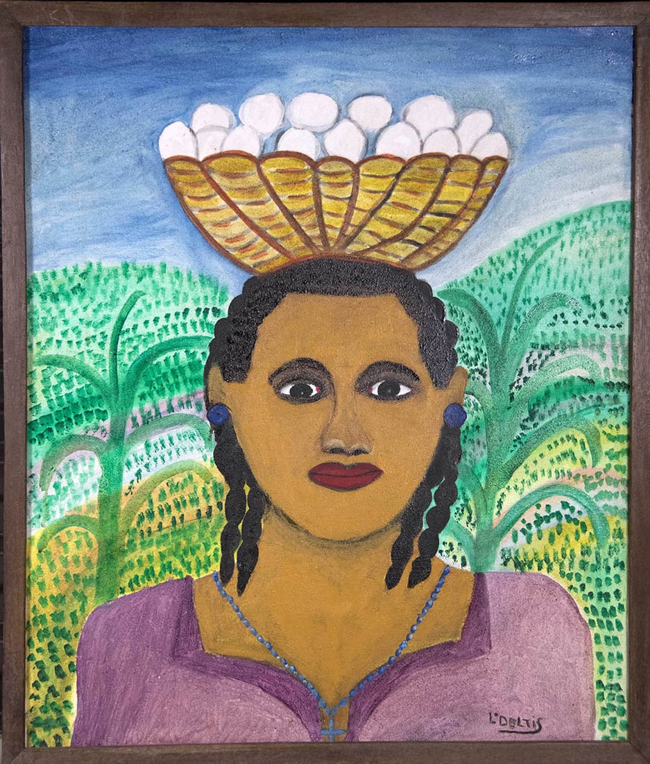 Lady Carrying a Basket of Eggs on Her Head Original Haitian Painting by Lenoir Deltis (1 of 1)