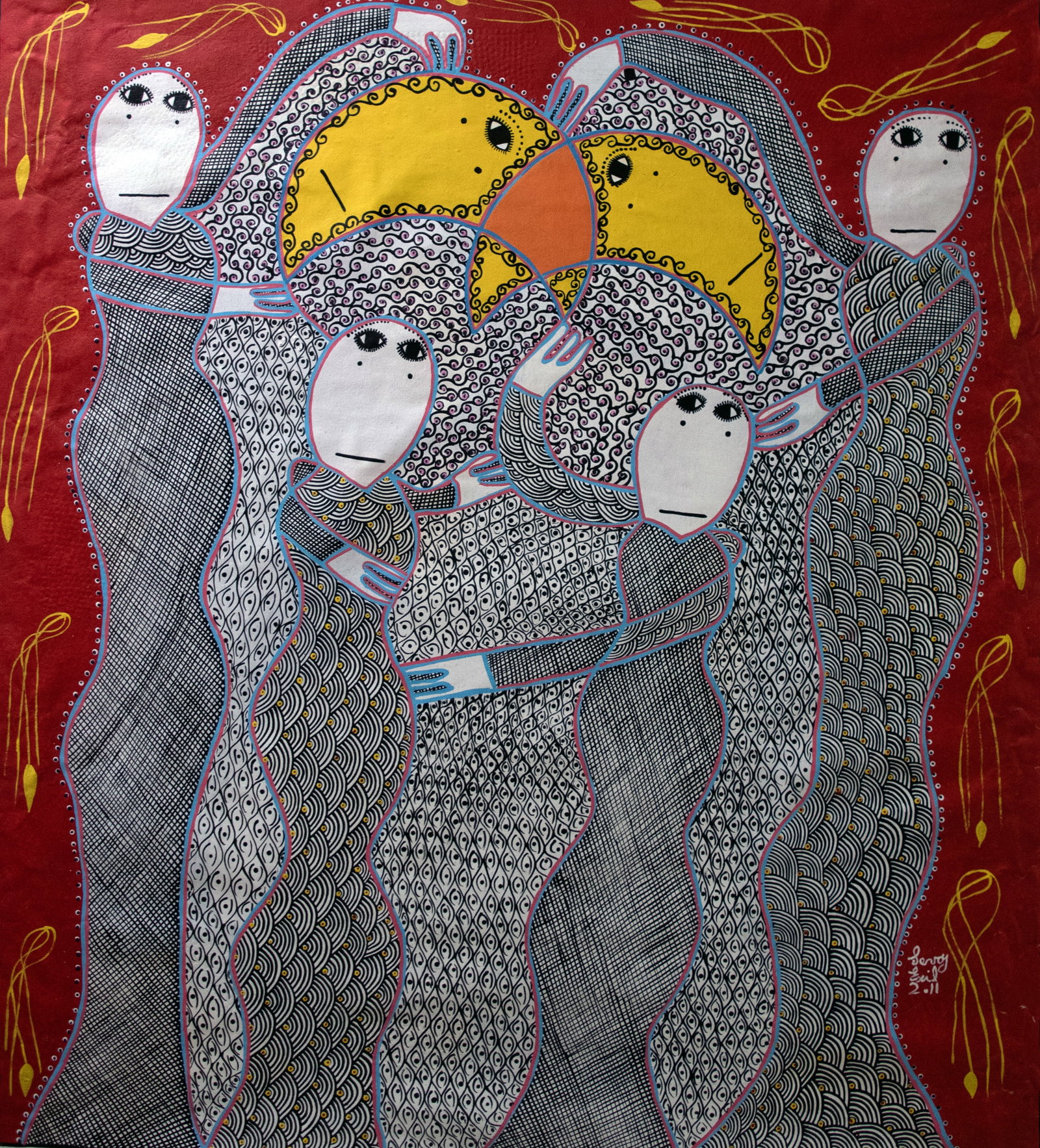 Orignial Haitian Painting by Levoy Exil Yellow Moons and White Faces: Orignial Haitian Painting by Levoy Exil Yellow Moons and White Faces Acrylic on canvas No Frame Not Stretched