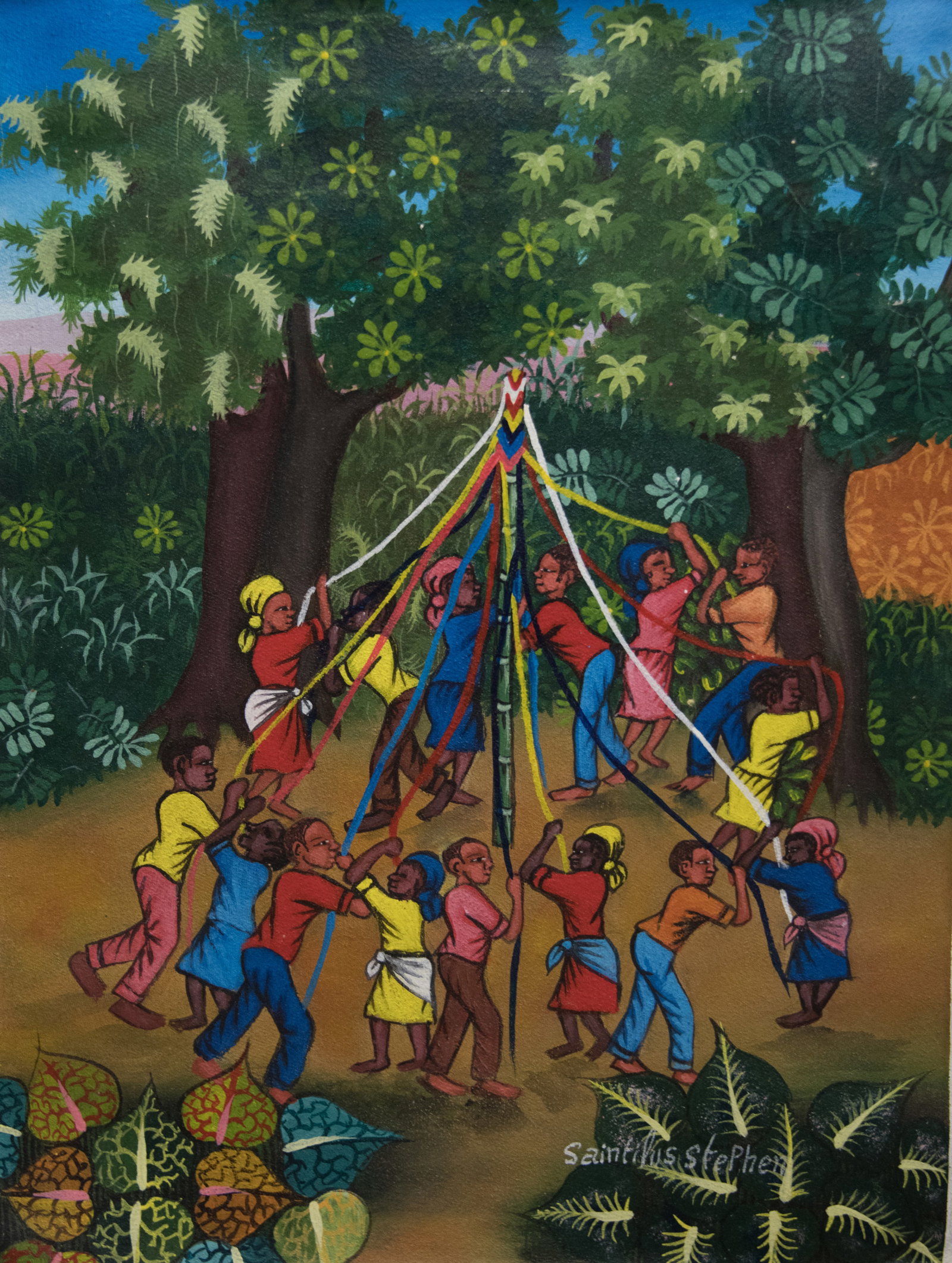 Children Playing (Maypole) Original Haitian Painting by Stephen Saintilus: Children Playing (Maypole) Original Haitian Painting by Stephen Saintilus Acrylic on Canvas Not Stretched Not Framed