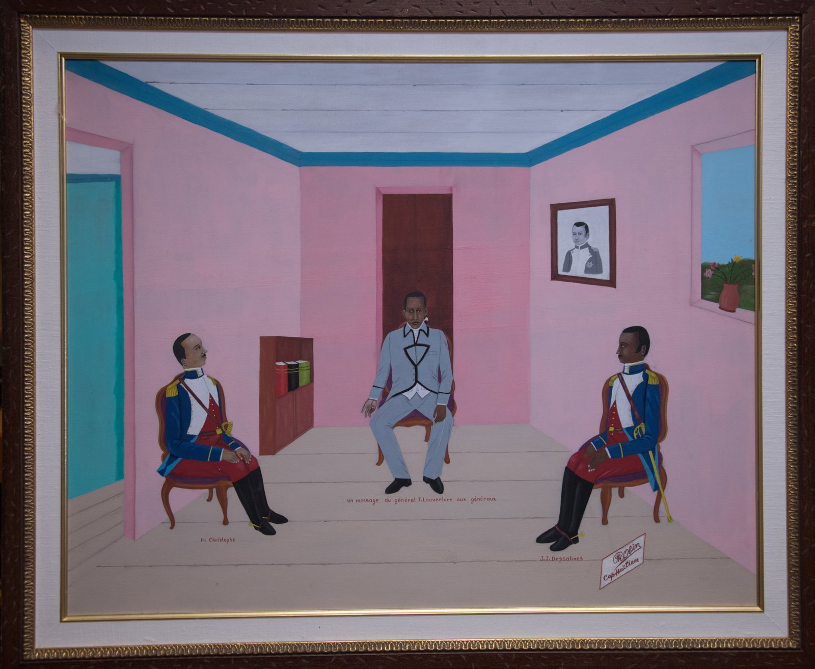 Original Haitian Painting by Philome Obin: Original Haitian Painting by Philome Obin Meeting of the Generals Oil on Board Framed
