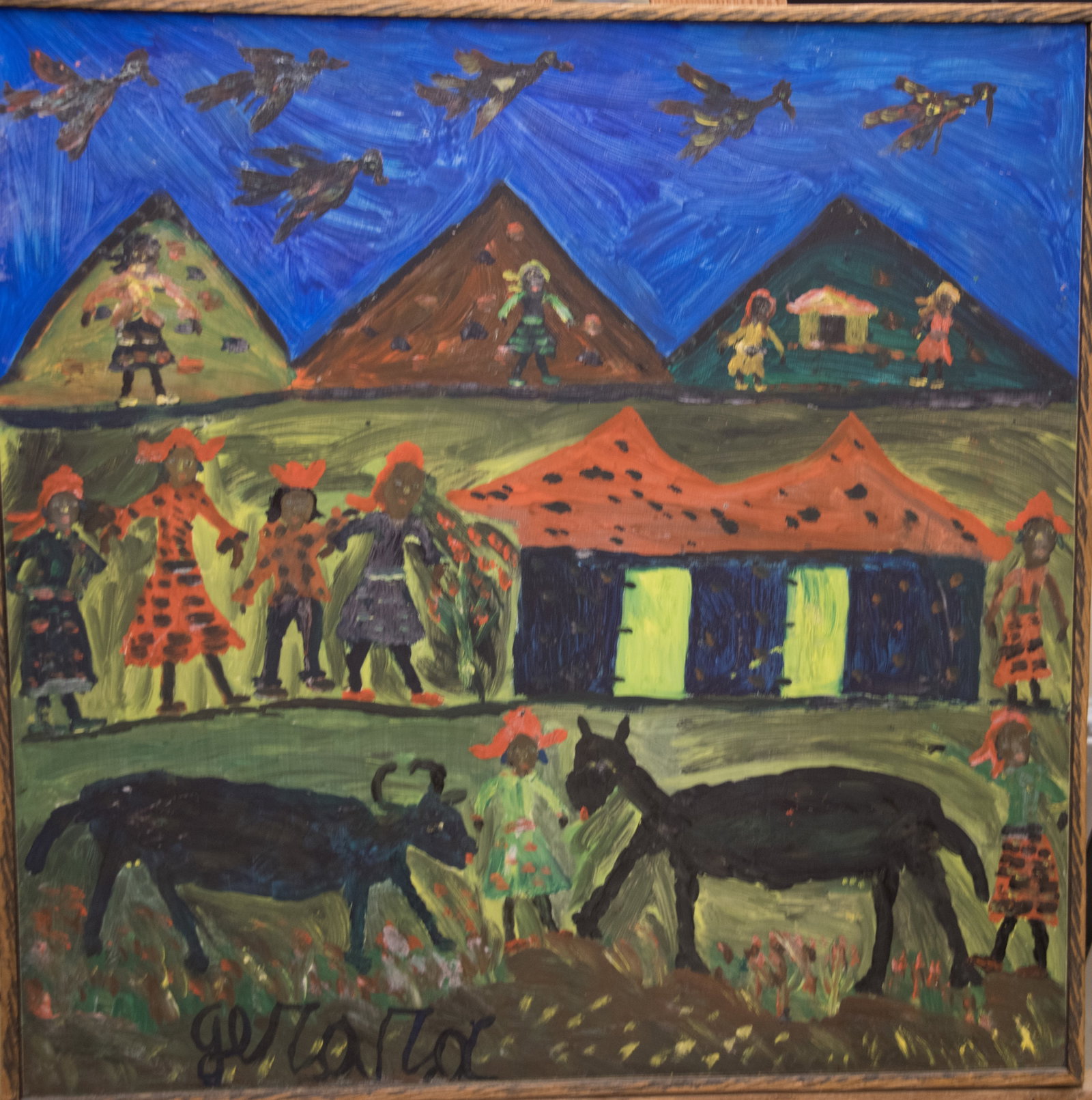 Village with Figures (GF) Original Haitian Painting by Gerard Fortune: Village with Figures (GF) Original Haitian Painting by Gerard Fortune Oil on Canvas