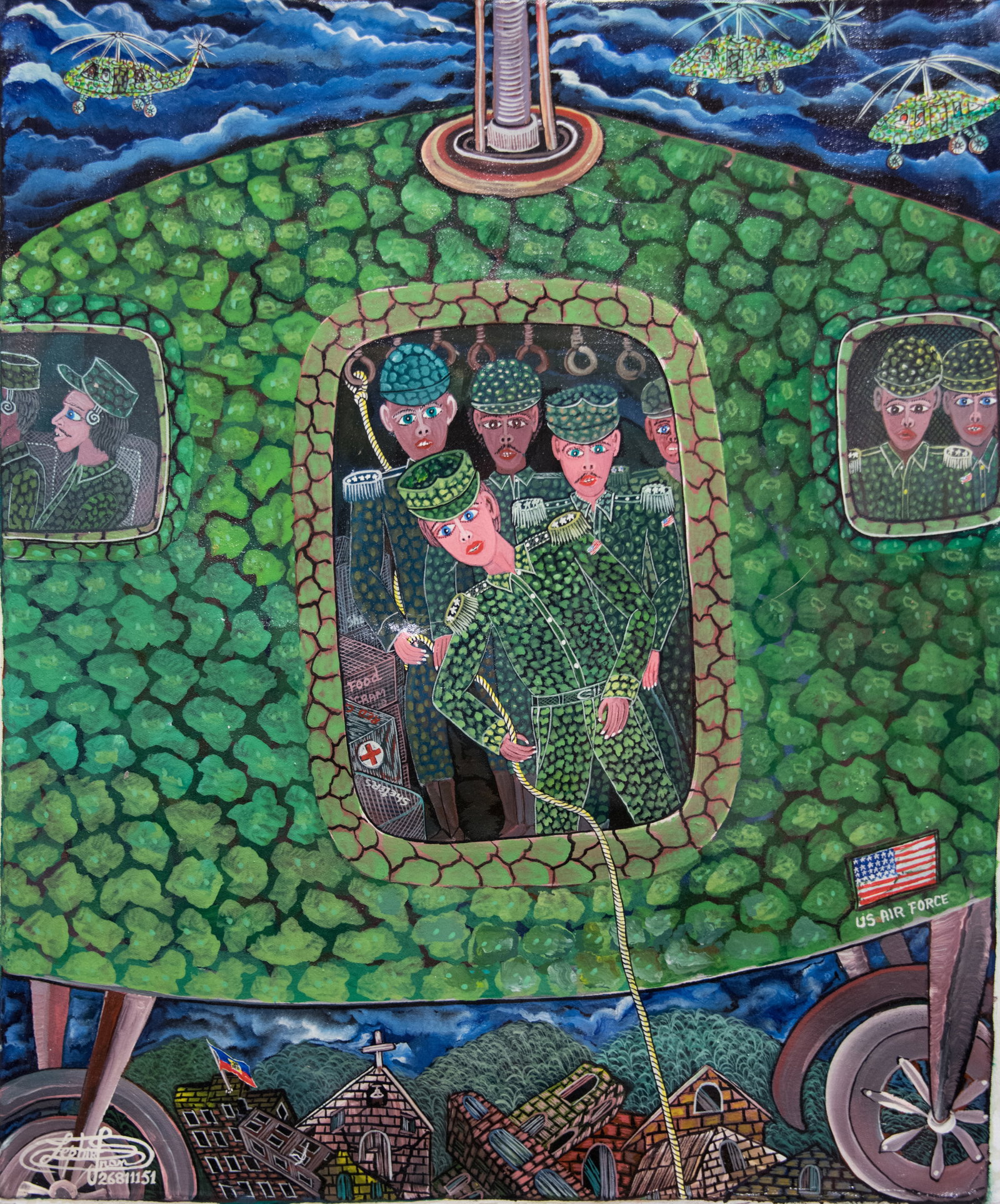 Mission humanitaire des Etats-Unis en Haiti Original Haitian Painting by Frantz Zephirin: Mission humanitaire des Etats-Unis en Haiti Original Haitian Painting by Frantz Zephirin Acrylic on Canvas Not Stretched Not Framed