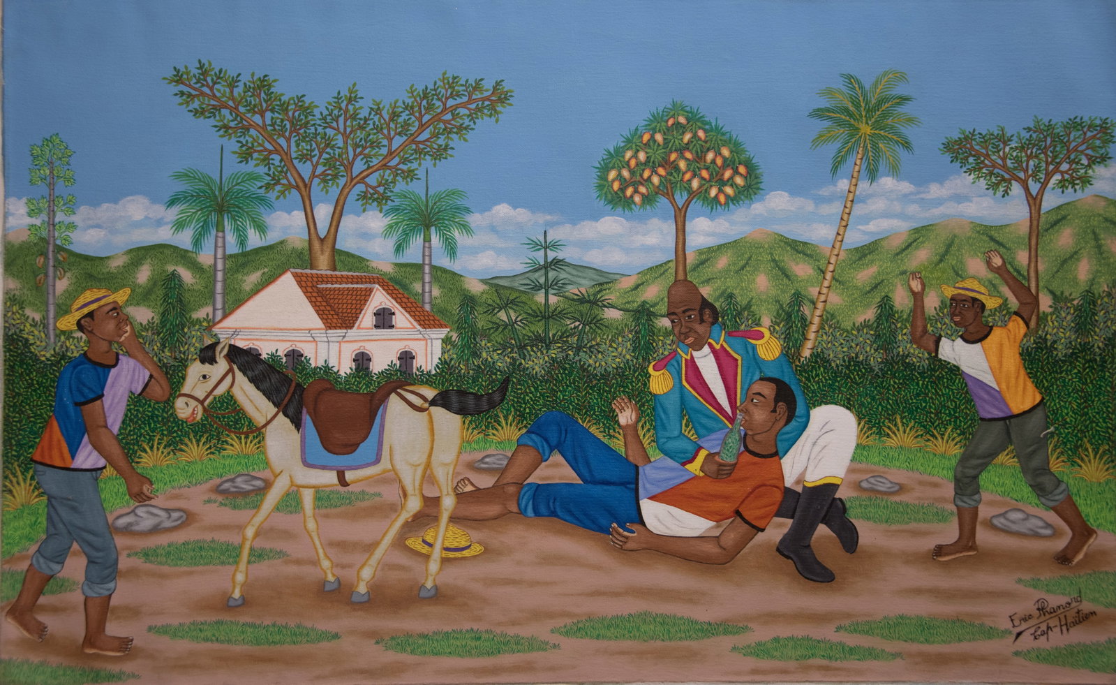 Giving Aid to Injured - Haitian Painting by Eric Phanord: Giving Aid to Injured - Haitian Painting by Eric Phanord No Frame, Not Stretched, Acrylic on Canvas GMS FAVORITE