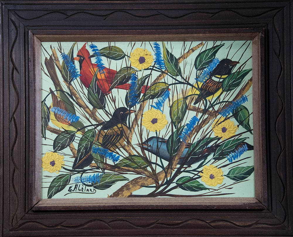 Yellow and Blue Flowers with Four Birds Original Haitian Painting by Gesner Abelard: Yellow and Blue Flowers with Four Birds Original Haitian Painting by Gesner Abelard Oil on Masonite
