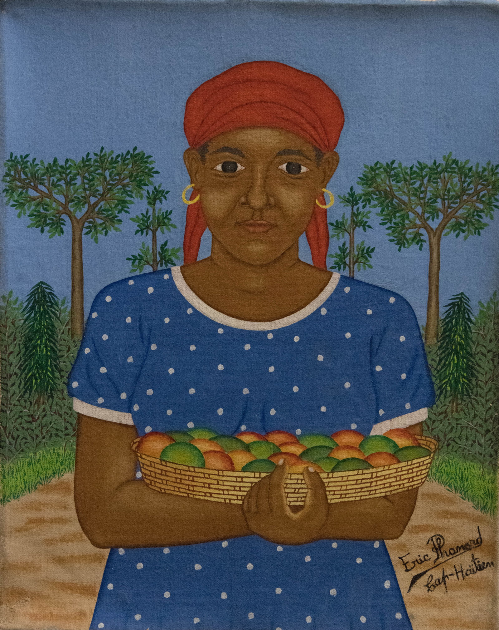 Lady in a Blue Dress with White Dots Original Haitian Painting by Eric Phanord (1 of 1)