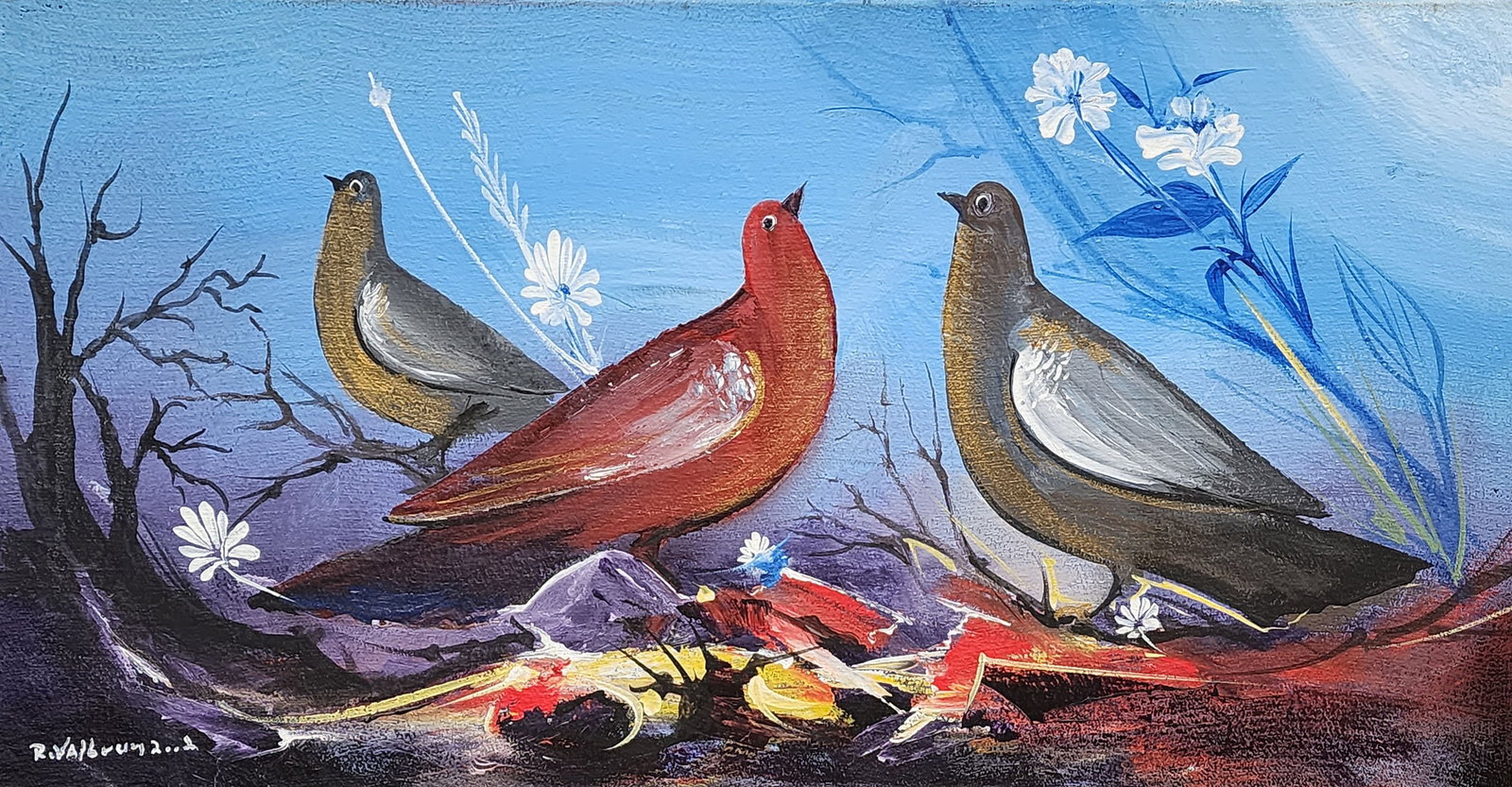 3 Birds Original Haitian Painting by Reginald Valbrun: 3 Birds Original Haitian Painting by Reginald Valbrun Oil on Canvas Stretched not Framed