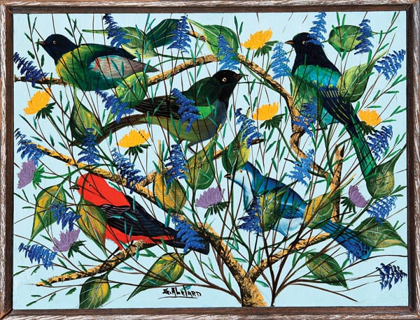 Red Green and Blue Birds Original Haitian Painting by Gesner Abelard: Red Green and Blue Birds Original Haitian Painting by Gesner Abelard Oil on Masonite From the Collection of Angela Gross Bernardsville NJ