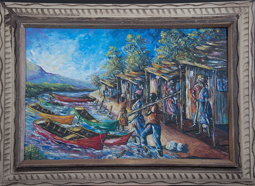 Original Haitian Painting by Dav Rouzier Boats in the River: Original Haitian Painting by Dav Rouzier Boats in the River Oil on Masonite