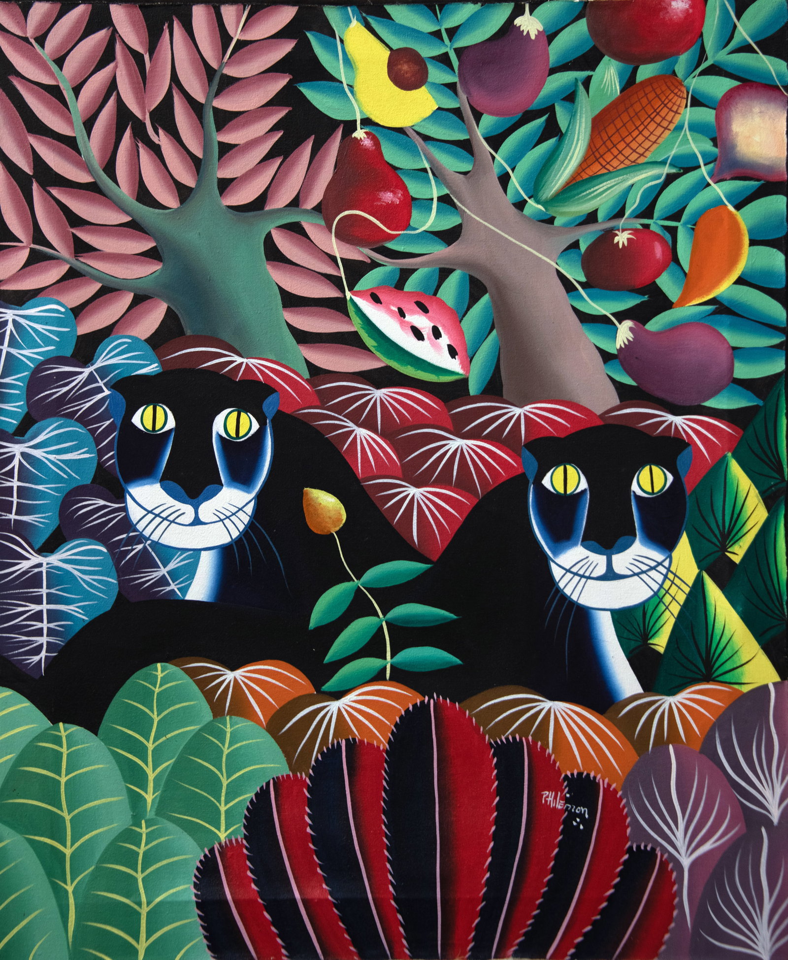 Black Cats Tree of Life Original Haitian Painting by Philemon: Black Cats Tree of Life Original Haitian Painting by Philemon acrylic on canvas Stretched not Framed