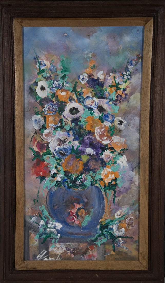 Blue Vase of Flowers on a Blue Table Original Haitian Painting by Karole Andre: Blue Vase of Flowers on a Blue Table Original Haitian Painting by Karole Andre Oil on Canvas