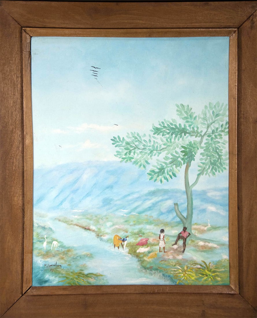 Leaning Against a Tree Original Haitian Painting by Francky Clervil: Leaning Against a Tree Original Haitian Painting by Francky Clervil Oil on Canvas