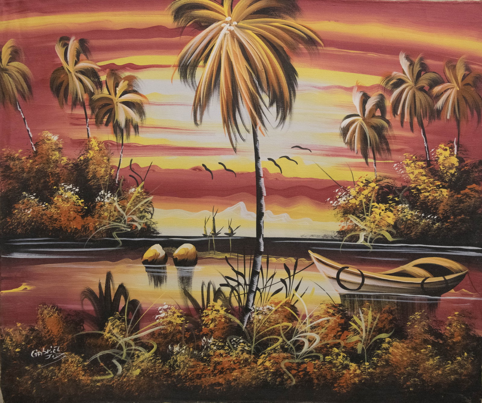 Palm Trees in the Sunset Original Haitian Painting by Unknown Artist (1 of 1)