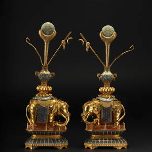 Pair Chinese Bronze-gilt Elephant Spill Vase Qing Dyn.