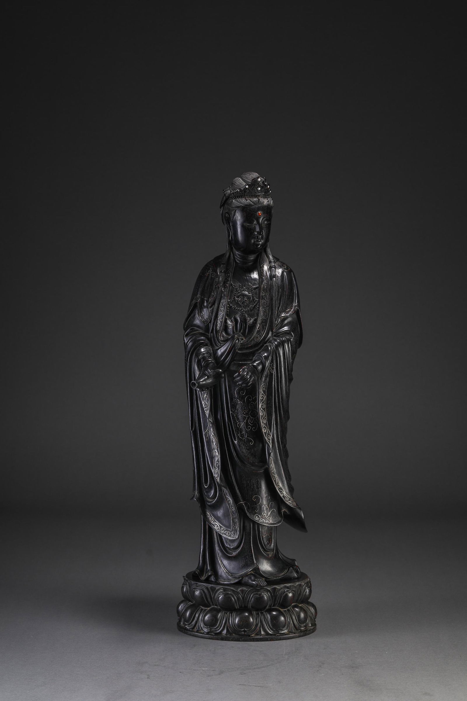 A Chinese Silver Inlaid Rosewood Guanyin (1 of 10)