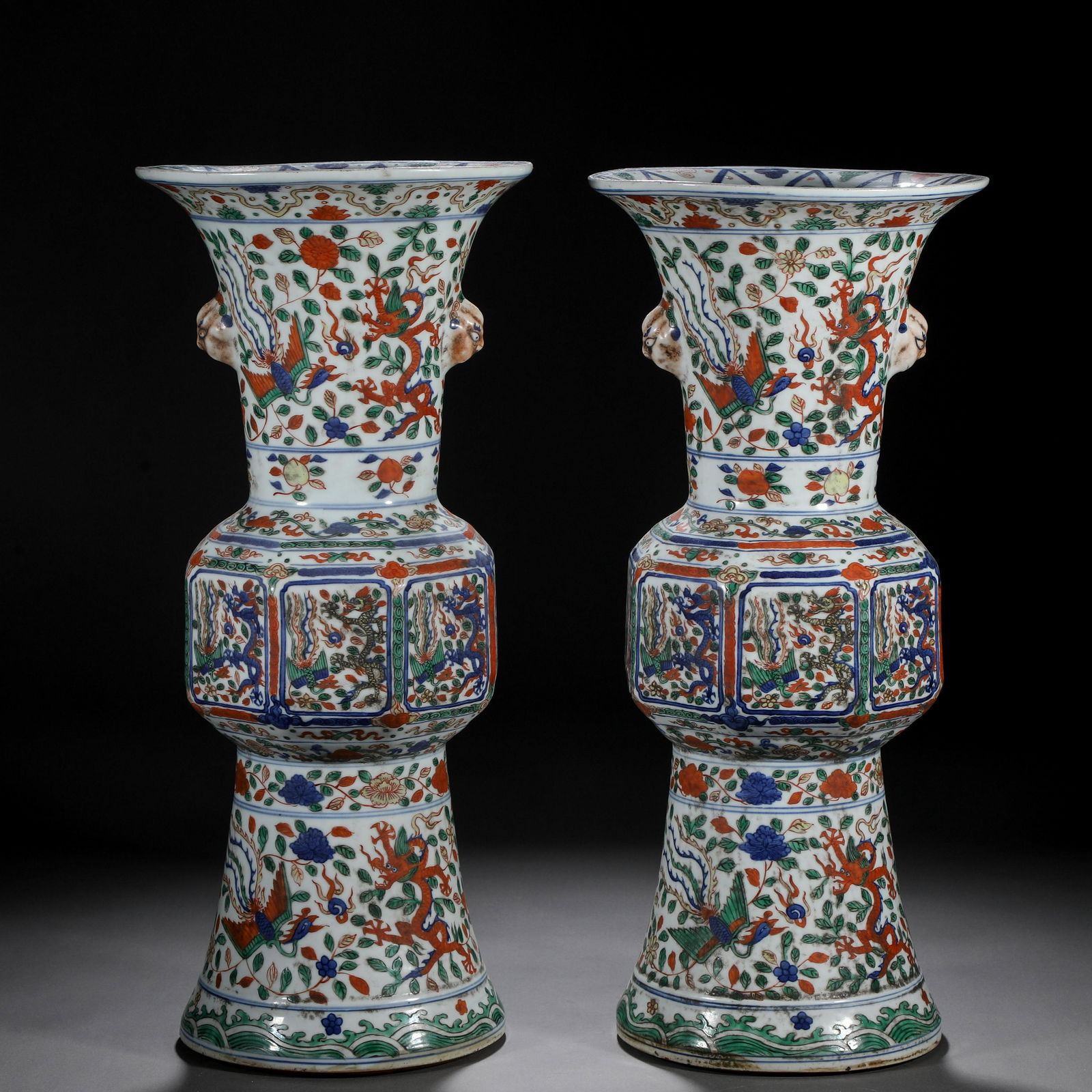 Pair Chinese Famille Verte Dragon Beaker Vases Gu (1 of 9)