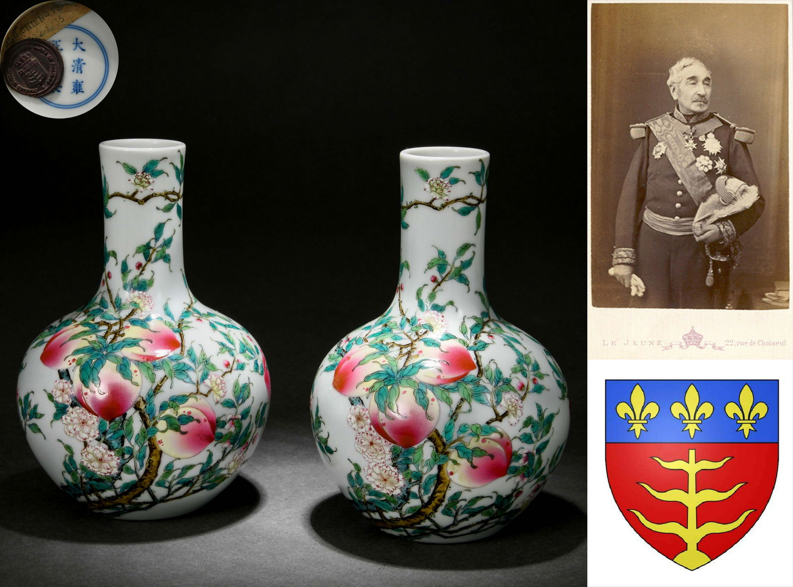 Pair Chinese Famille Rose Peaches Globular Vases (1 of 9)