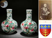 Pair Chinese Famille Rose Peaches Globular Vases