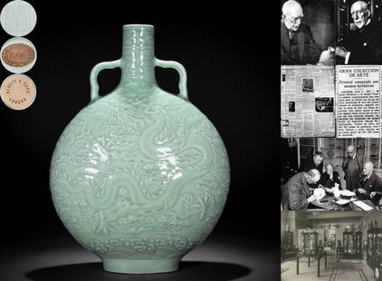 A Chinese Celadon Glaze Dragon Moon Flask Bianhu: A Chinese Celadon Glaze Dragon Moon Flask Bianhu H: 12 3/4 in. W: 9 1/4 in. (32.5 cm x 23.5 cm) George Eumorfopoulos (1863-1939) Collection. In 1934, Bluett & Sons acquired items from the