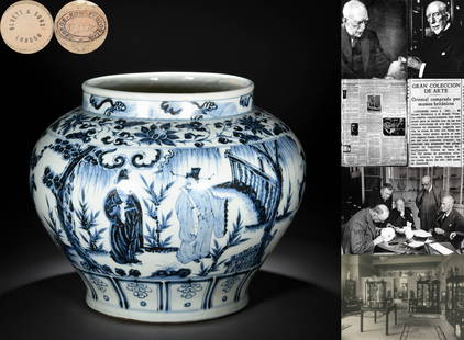 A Chinese Blue and White Figural Story Jar: A Chinese Blue and White Figural Story Jar W: 13 3/8 in. H: 11 in. (34 cm x 28 cm) George Eumorfopoulos (1863-1939) Collection. In 1934, Bluett & Sons acquired items from the collection of George