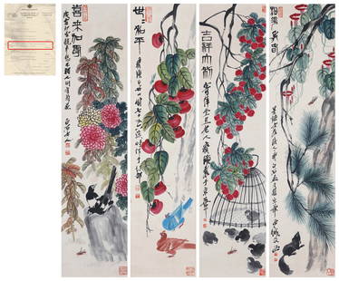 &#40778;&#30333;&#30707; A Set of Chinese Scroll Painting By Qi Baishi: &#40778;&#30333;&#30707; A Set of Chinese Scroll Painting By Qi Baishi 53 1/2 x 12 7/8 in.(136cm x 33cm) Mrs. R. Courtney of London purchased artworks from Bluett & Sons between 1966 and 1969. The ite