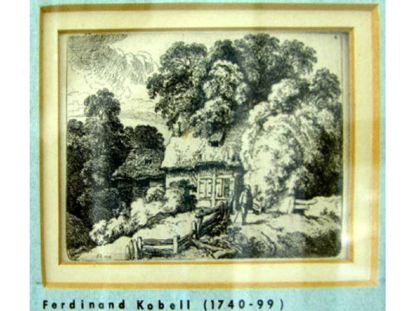 Etching, "Cottage In Landscape", c.1780, Kobell.: Ferdinand Kobell, (German, 1740 - 1799) "Cottage in Landscape", circa 1780. Etching in black and white. H - 2.25", W - 3.5", framed under glass.