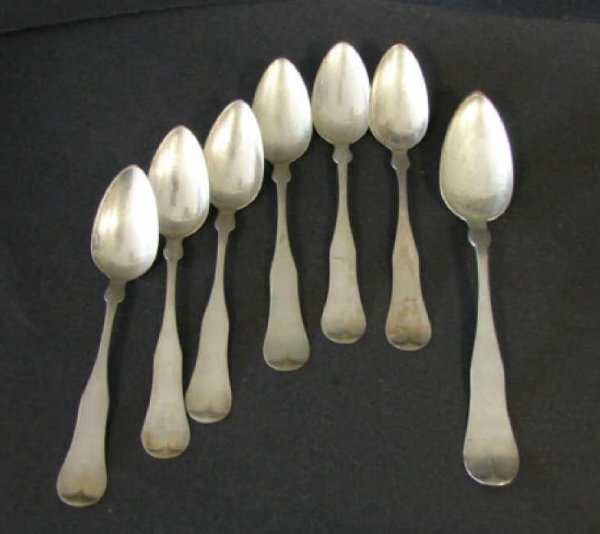 Seven American 18th C. Coin Silver Spoons.: Pre-Revolutionary era American coin silver spoons, all hallmarked. Set of six coin silver teaspoons, stamped "A .Skinner" (Abraham Skinner, 1756 - 1773, New York, NY. L- 6", and one large coin silver 