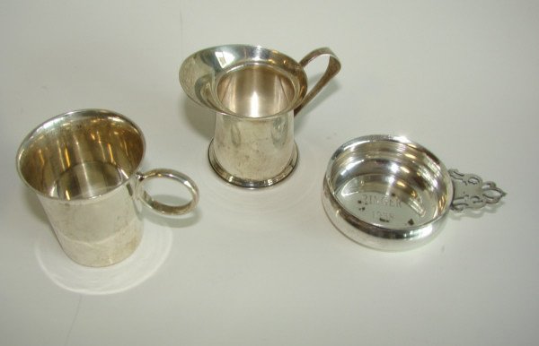 Group of (3) Sterling Silver Articles.: Three (3) sterling silver items, miniature ramikin, handled shot glass, and miniature pitcher. All bearing sterling hallmarks. S. Kirk & Son, Caldwell, and Lunt.