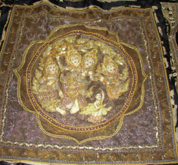 Thai Antique Hand Beaded Tapestry, 4 Courtesans.: Great decorator piece, perfect for a wall hanging or pillow. Approximately 36 x 36".