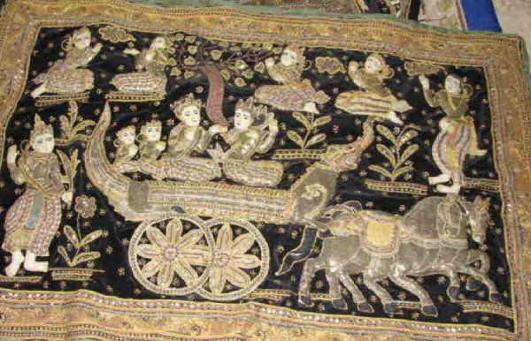Thai Antique Beaded Tapestry, Barge Processional.: Great for wall hanging or pillows. H - 48", W - 32".