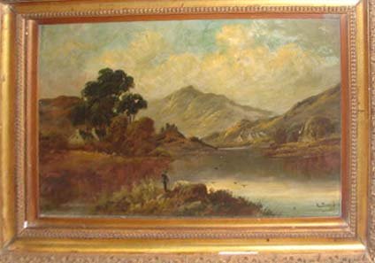 Oil painting, "On the Clyde", signed, 19th C. : Robert Angelo Kittermaster Marshall, (British, 1849 - 1923) Oil on panel, signed lower right "R. Marshall" lower right, titled lower left "On the Clyde. H - 18", W - 26". Note: Needs cleaning, the fra