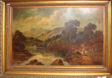 Oil painting "Loch Lomand" R. Marshall.: Roberto Angelo Kittermaster Marshall, (British 1849 - 1923) H - 18", W - 26". Signed lower right "R Marshall", titled lower left "Loch Lormand". Note: Need cleaning, the frame is original in "as is" c